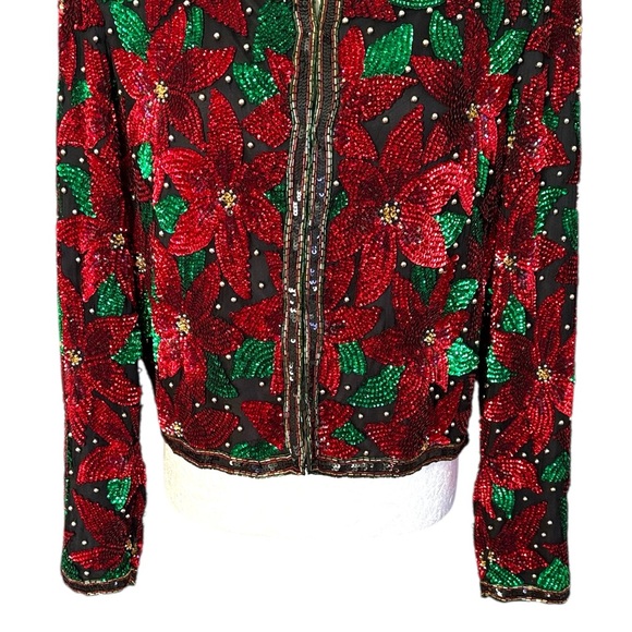 Laurence Kazar Vintage Silk Embellished Sequin Beaded Poinsettia Crop Blazer - L - Picture 3 of 11